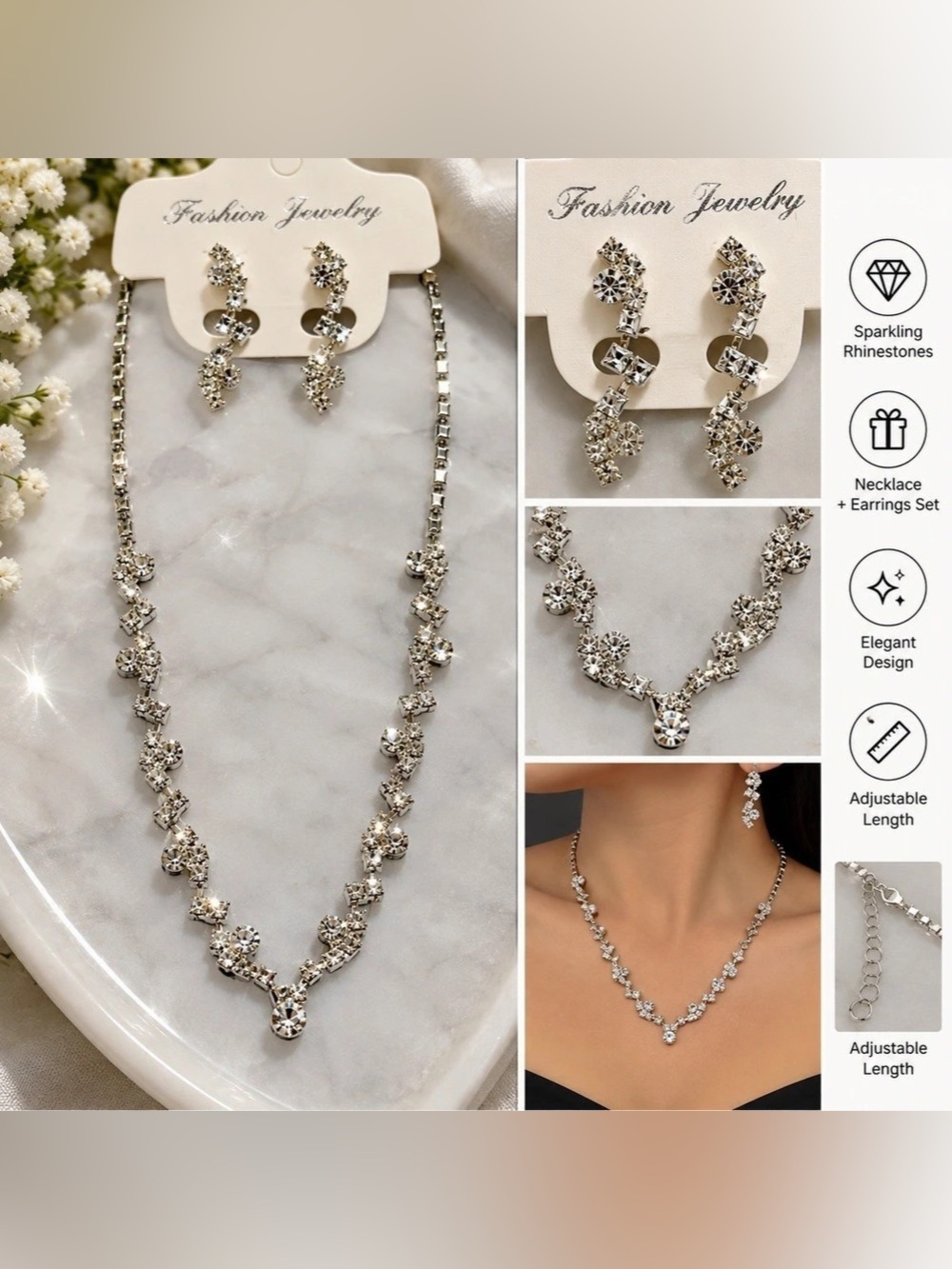 Silver Rhinestone Necklace & Earrings New